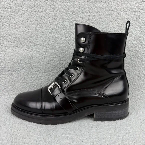 All Saints Black Leather Combat Boots with Buckle - Picture 2 of 14